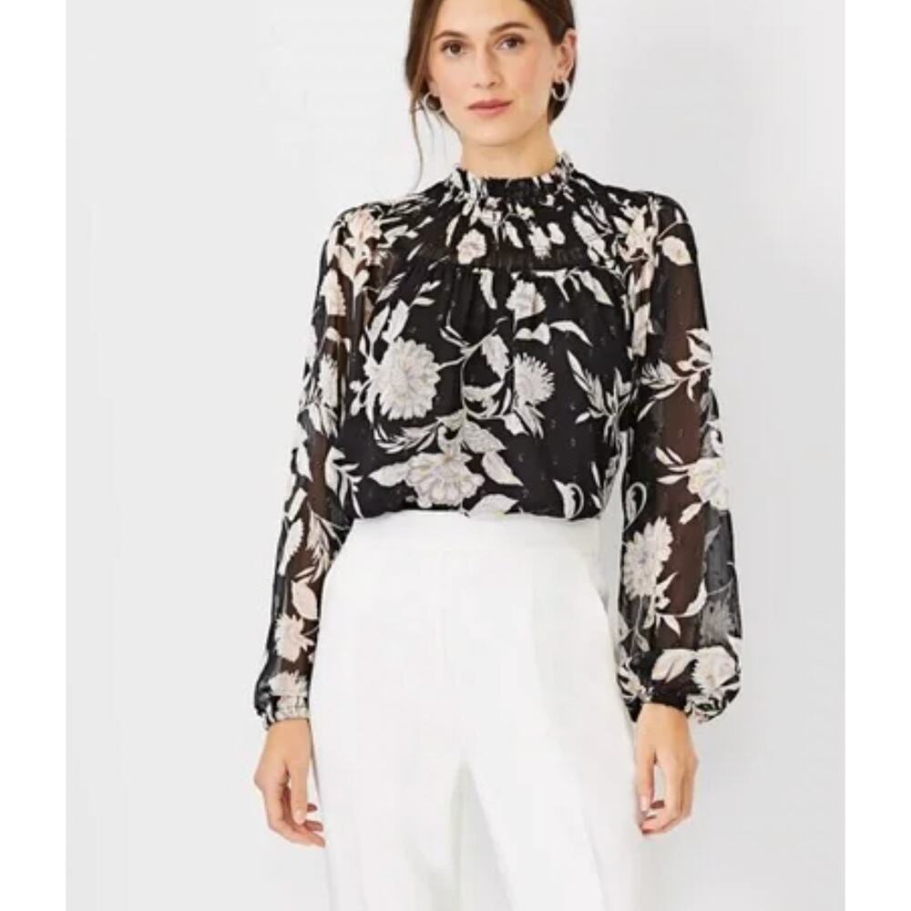 Ann Taylor Shimmer Baroque Floral Dot Smocked Ruffle Neck Blouse Medium Petite
